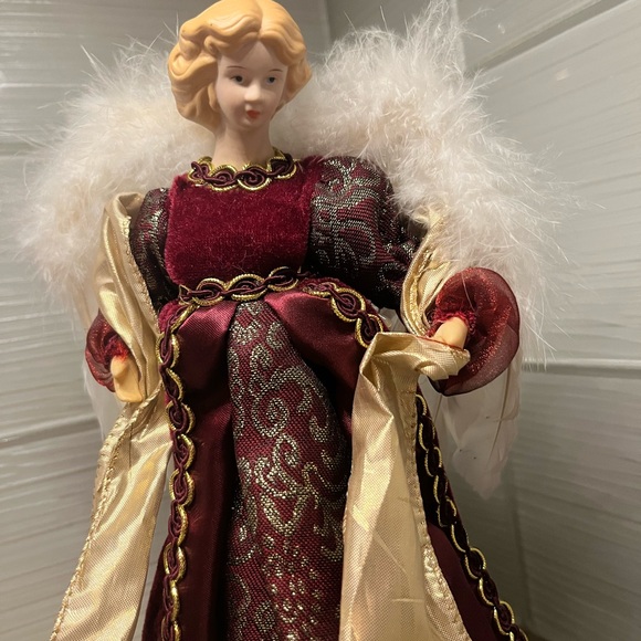Burgundy Angel Christmas Tree Topper Holiday Decor Feather Wings - Picture 2 of 8